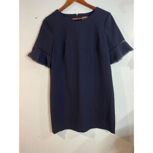 LOFT Petites 10P Navy Blue Shift Dress With Eyelet Trim Sleeves Short Sleeve